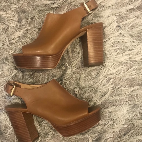 Michael Kors Shoes - Michael Kors Tan Platform Peep Toe Wedges